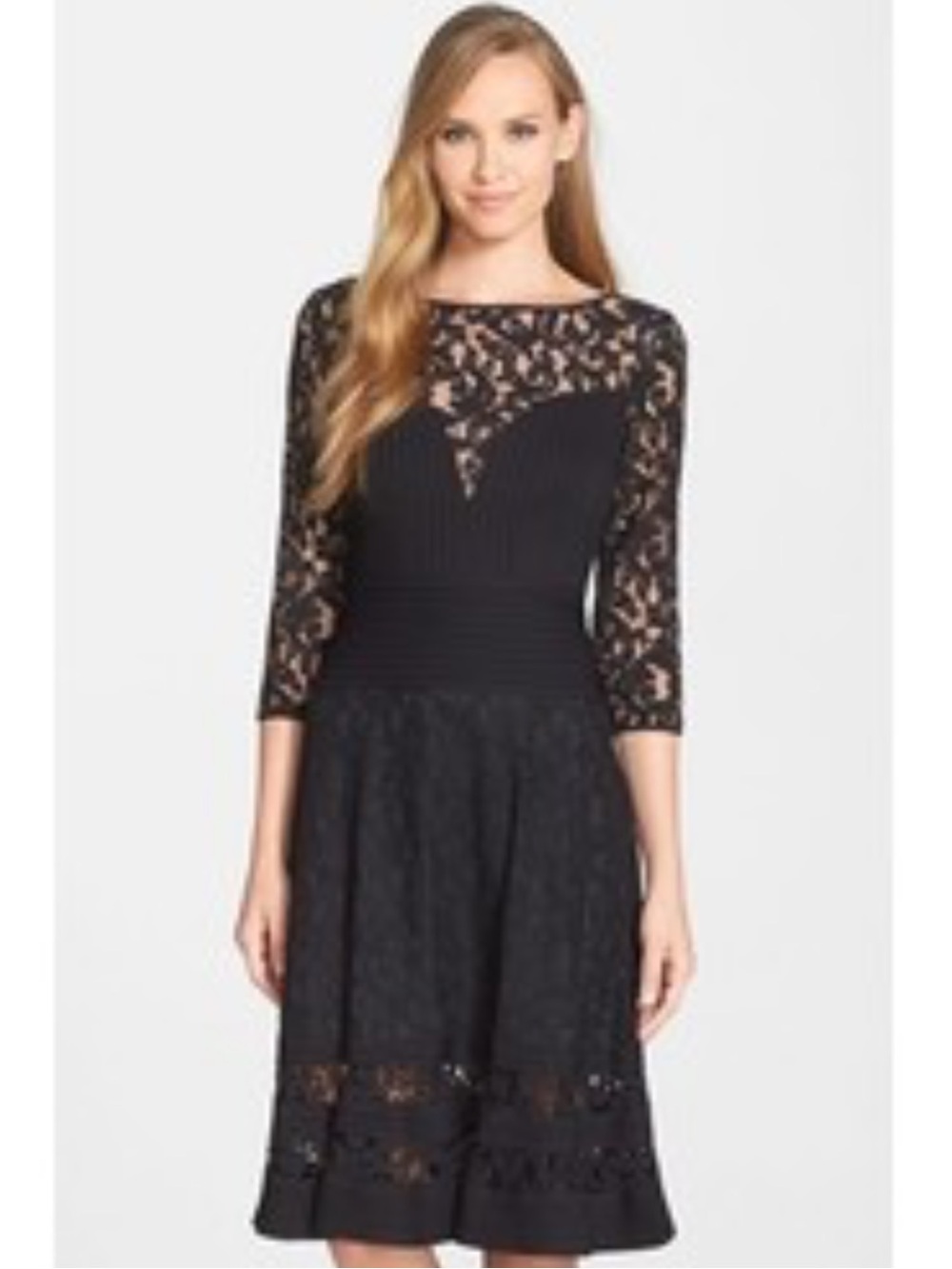 NWT Tadashi Shoji Women’s Black Lace Pintuck Fit And Flare Dress, Size XS